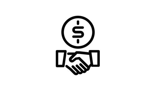 Symbol eines Handschlags mit einem Kreis darüber, der ein Dollarzeichen enthält, symbolisiert eine geschäftliche oder finanzielle Vereinbarung.