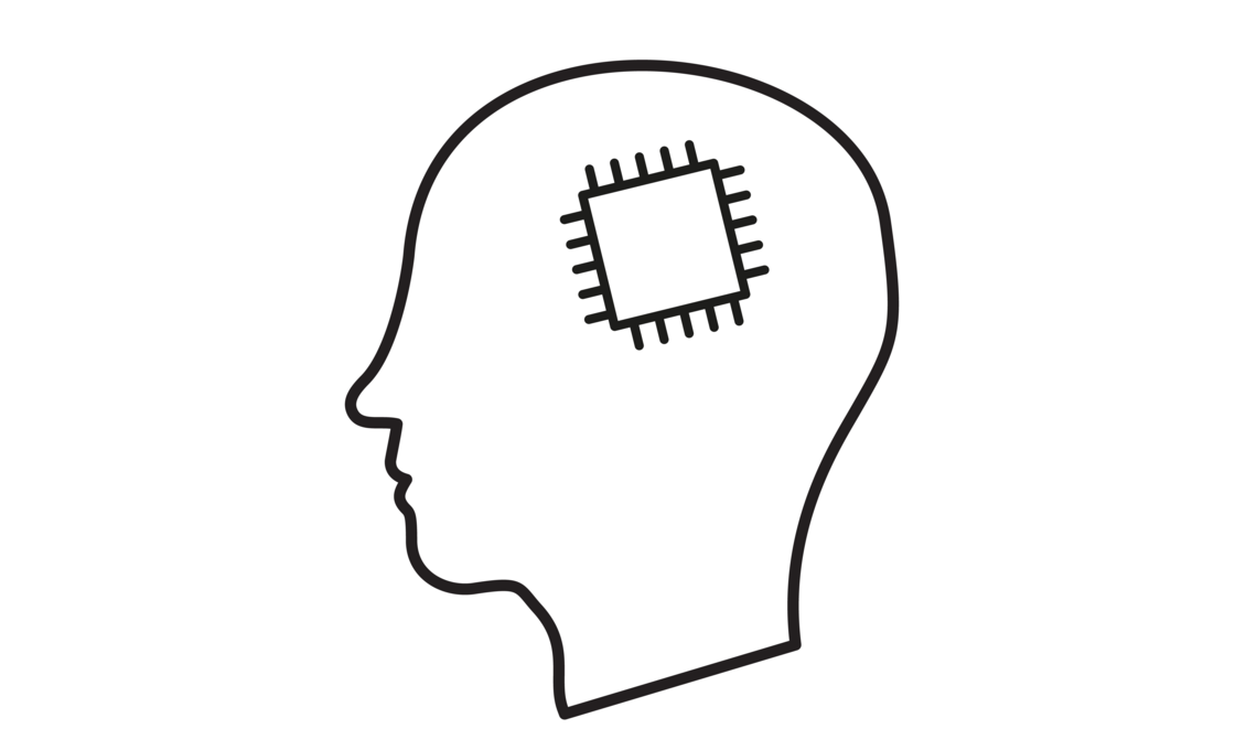 Piktogramm eines Menschlichen Kopfes mit einem Chip. 
